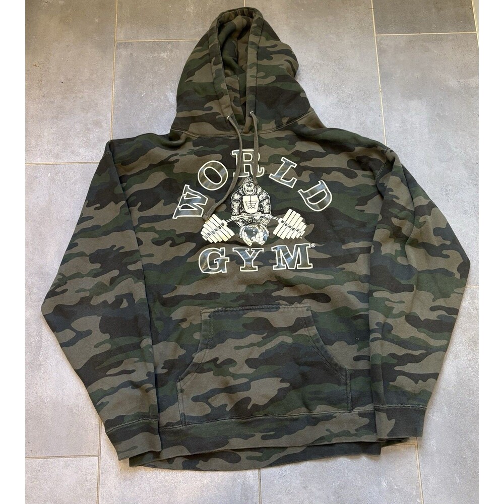 World Gym Hoodie Men 2XL Green Camo Gorilla Weights Hooded Graphic Print
